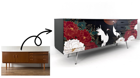 vintage black painted sideboard decorated with japanese bird design. Black painted modern sideboard decorated oriental art.