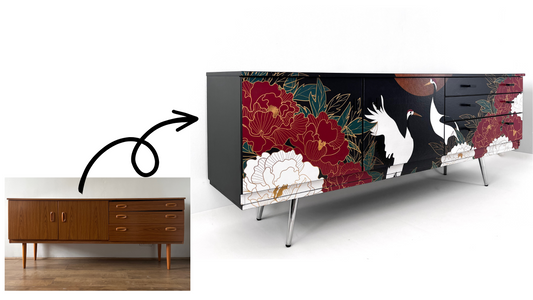 vintage black painted sideboard decorated with japanese bird design. Black painted modern sideboard decorated oriental art.  