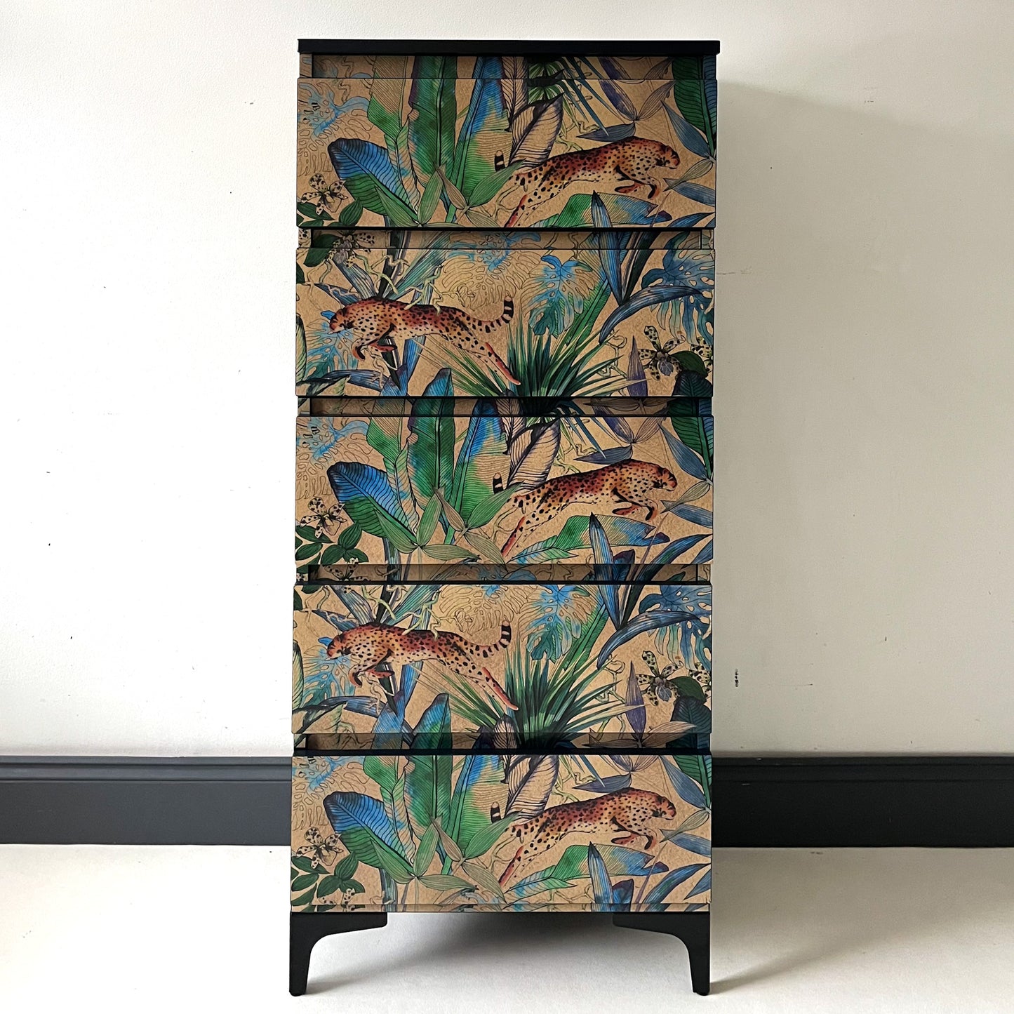 Small upcycled chest of drawers with exotic Jungle design