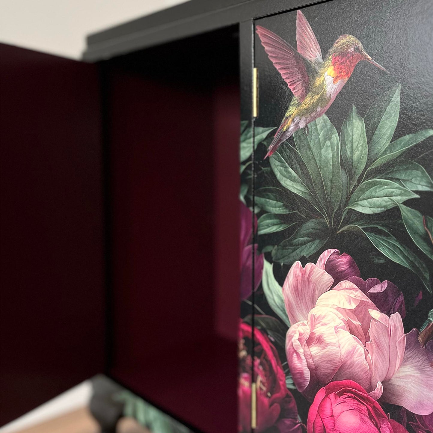 Burgundy hand-painted interior of vintage slim sideboard