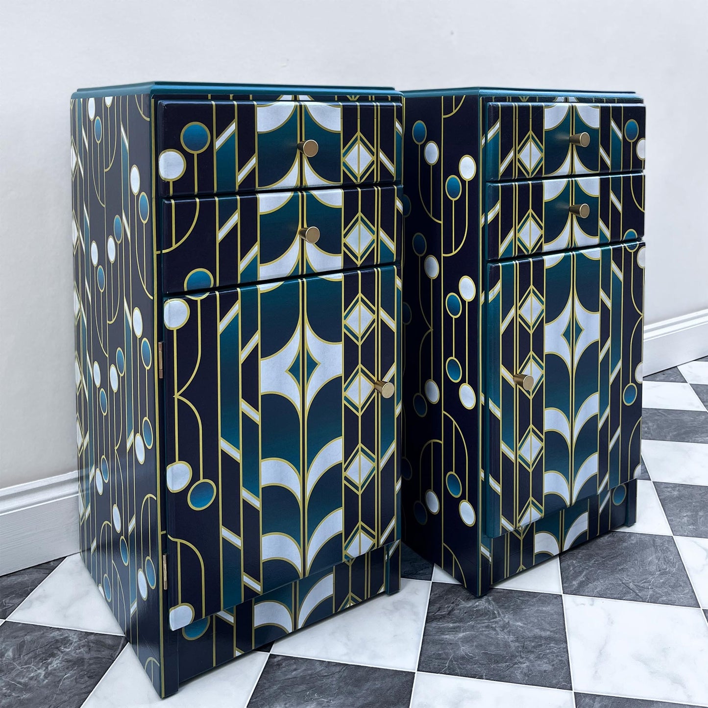 Two painted Art Deco bedside tables with doors and drawers