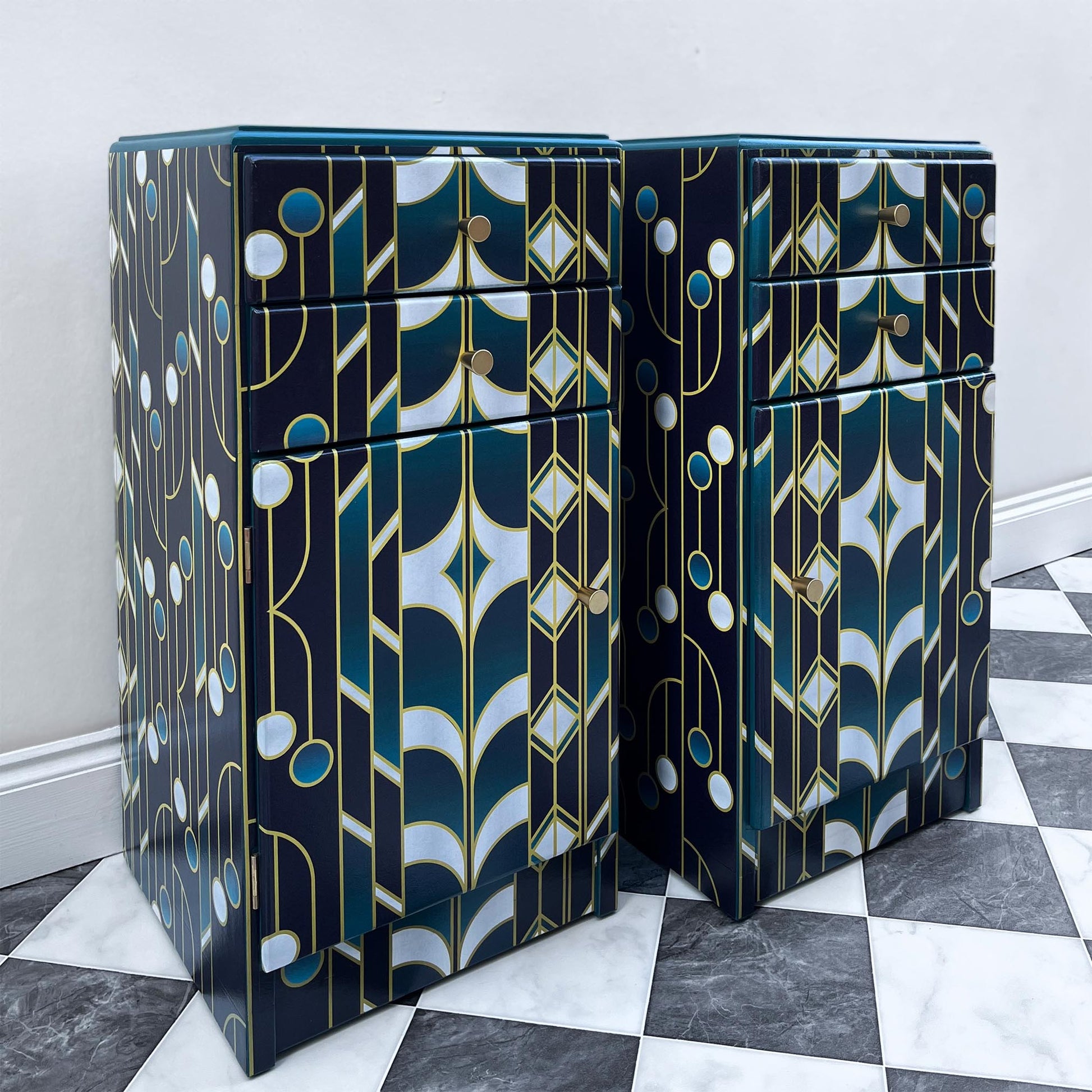 Two painted Art Deco bedside tables with doors and drawers