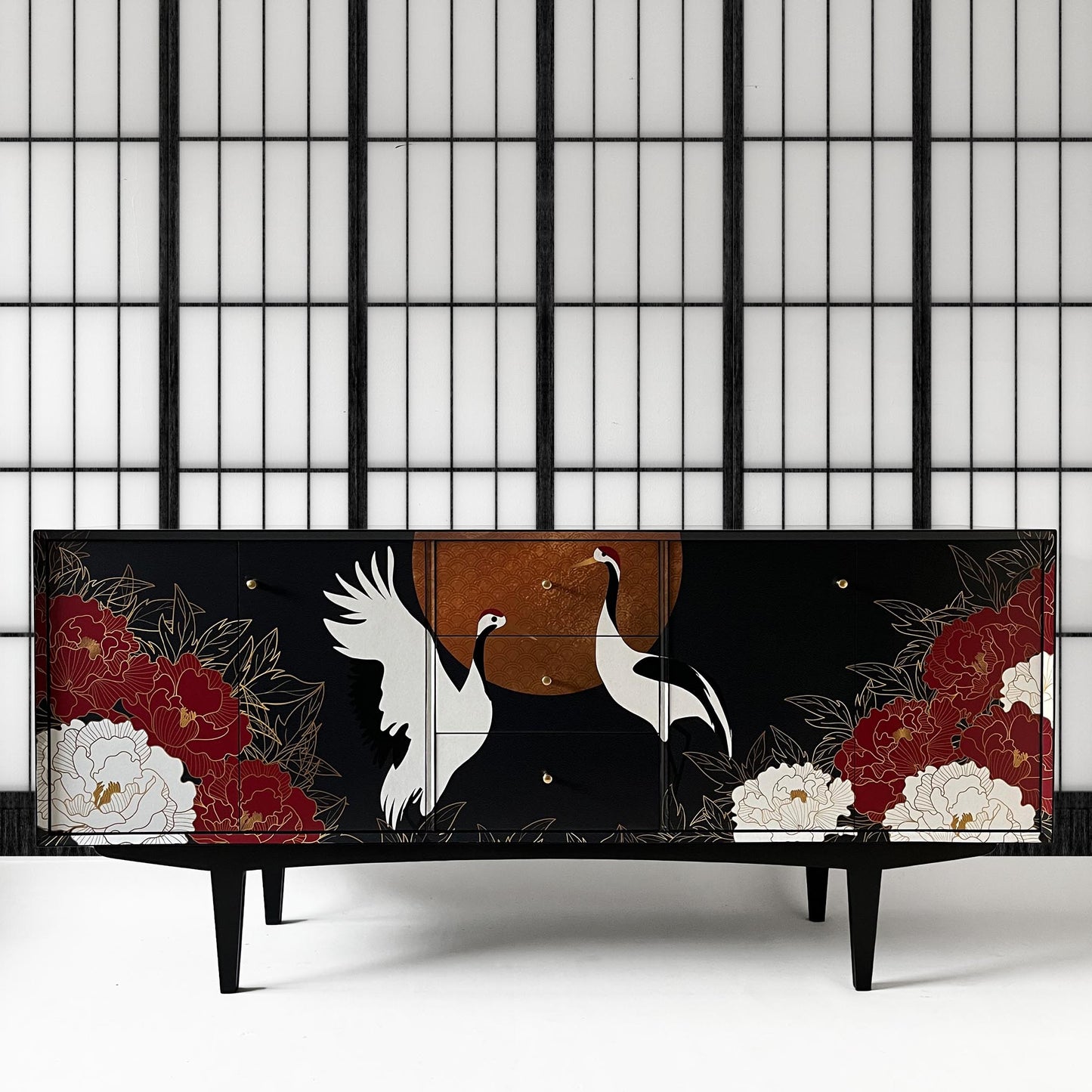Vintage sideboard with oriental Crane and flower design