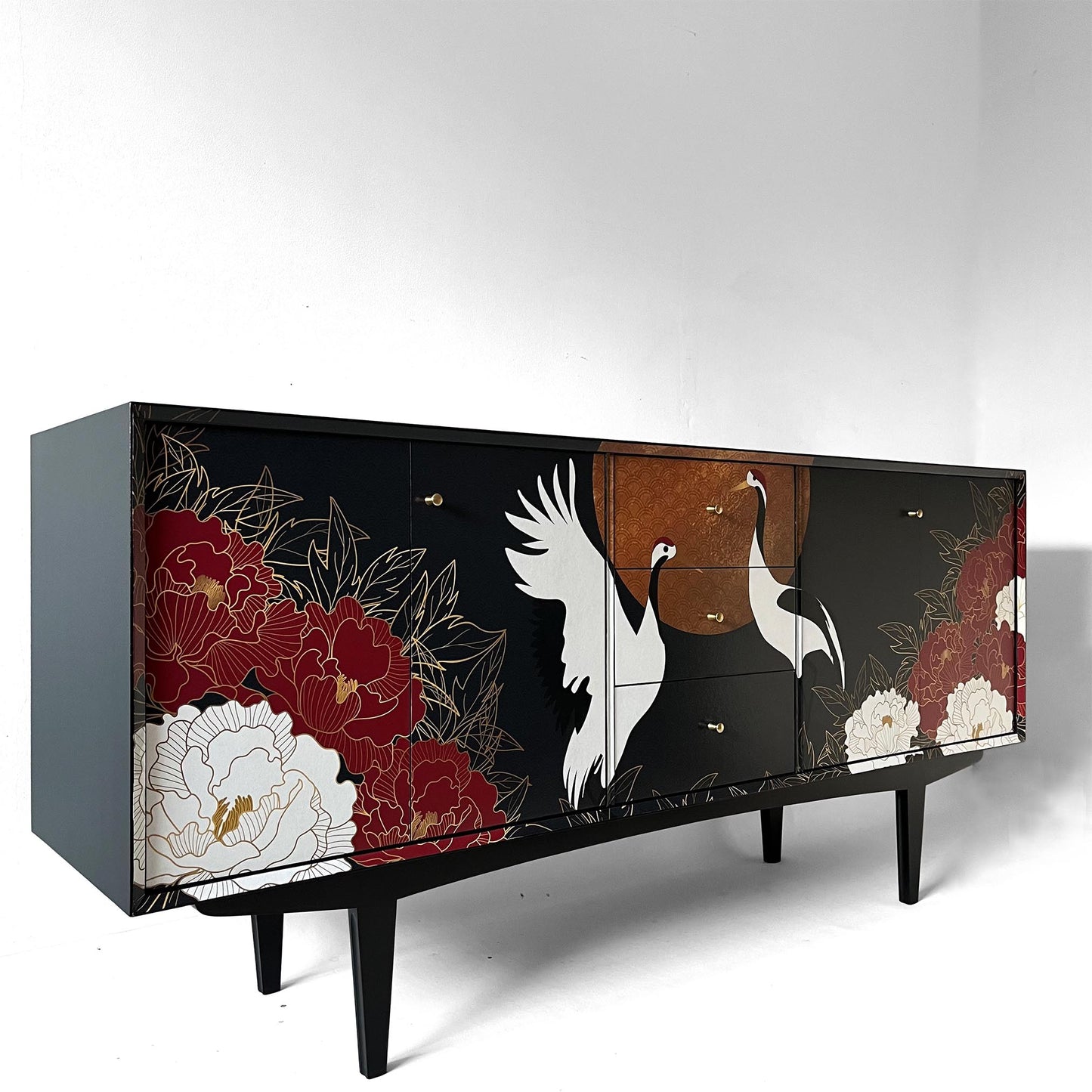 Vintage sideboard with oriental Crane and flower design