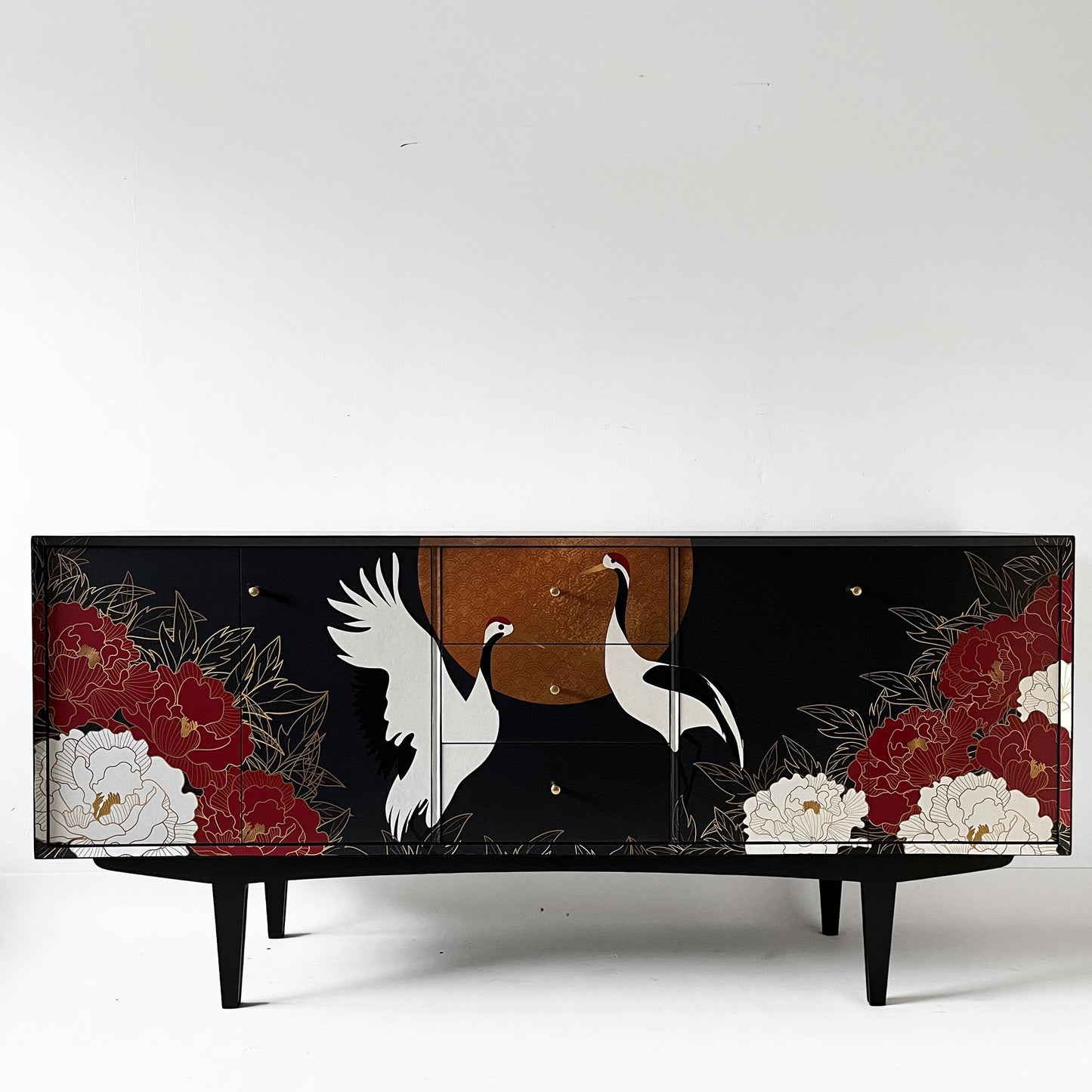 Vintage sideboard with oriental Crane and flower design