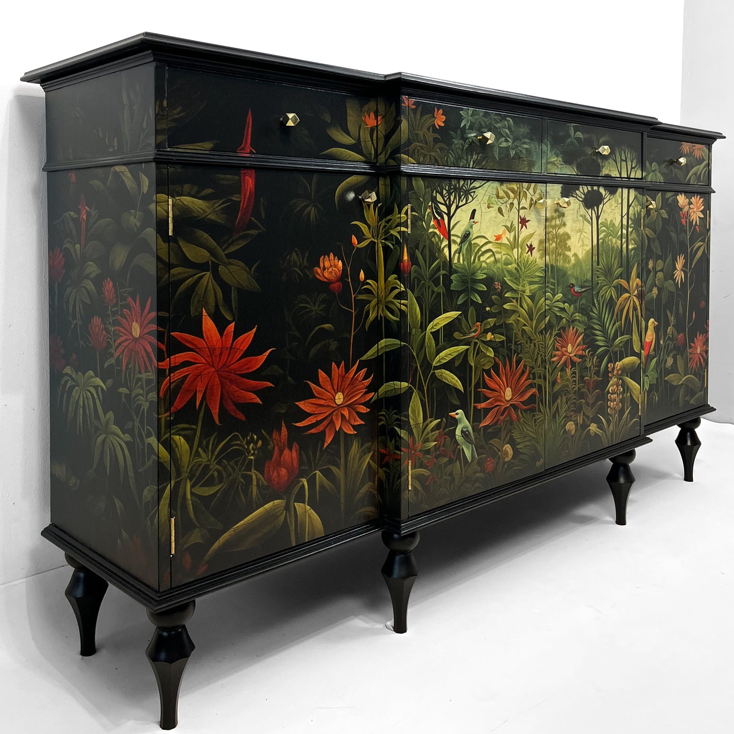 Large vintage sideboard with tropical forest design