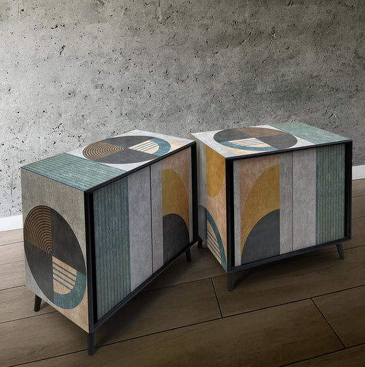 Bespoke G-Plan cabinets with geometric pattern