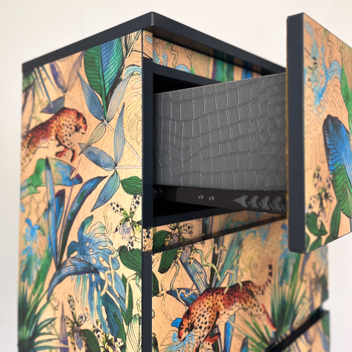 Small upcycled chest of drawers with exotic Jungle design