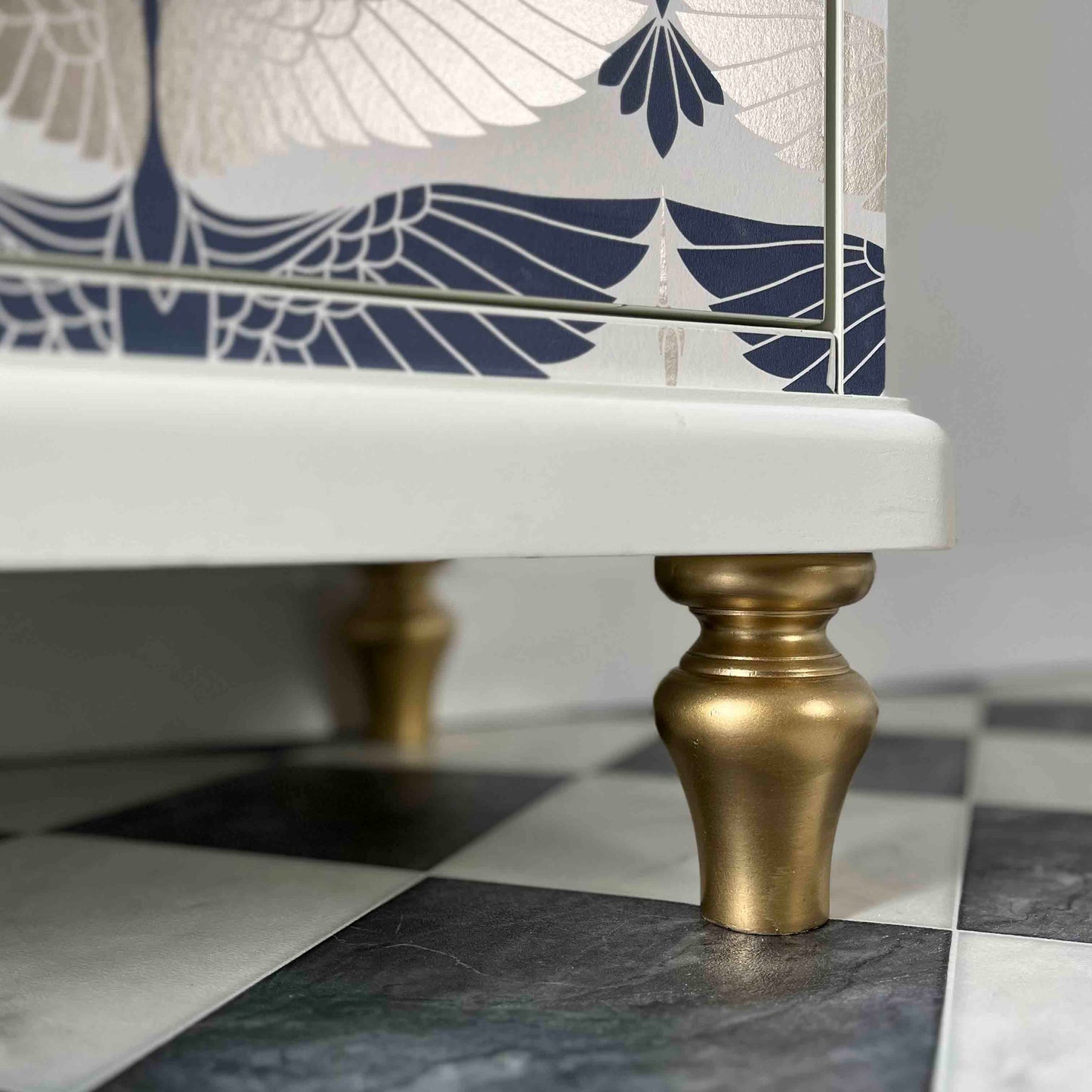 White upcycled chest of drawers with Oriental crane pattern