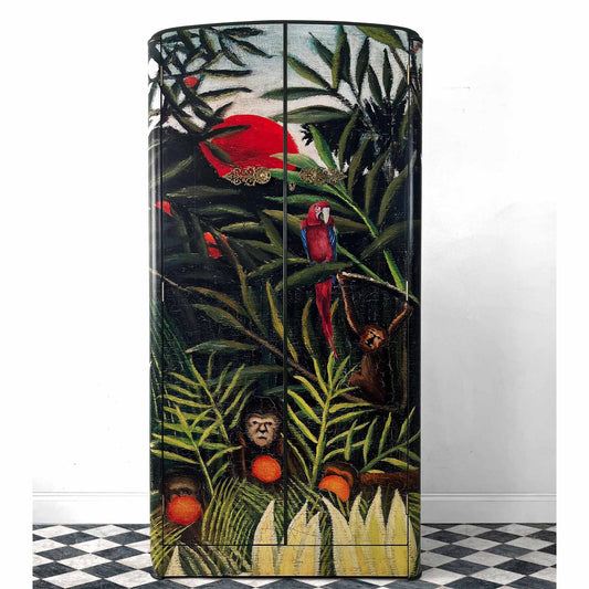 Vintage upcycled Art Deco wardrobe with tropical jungle design