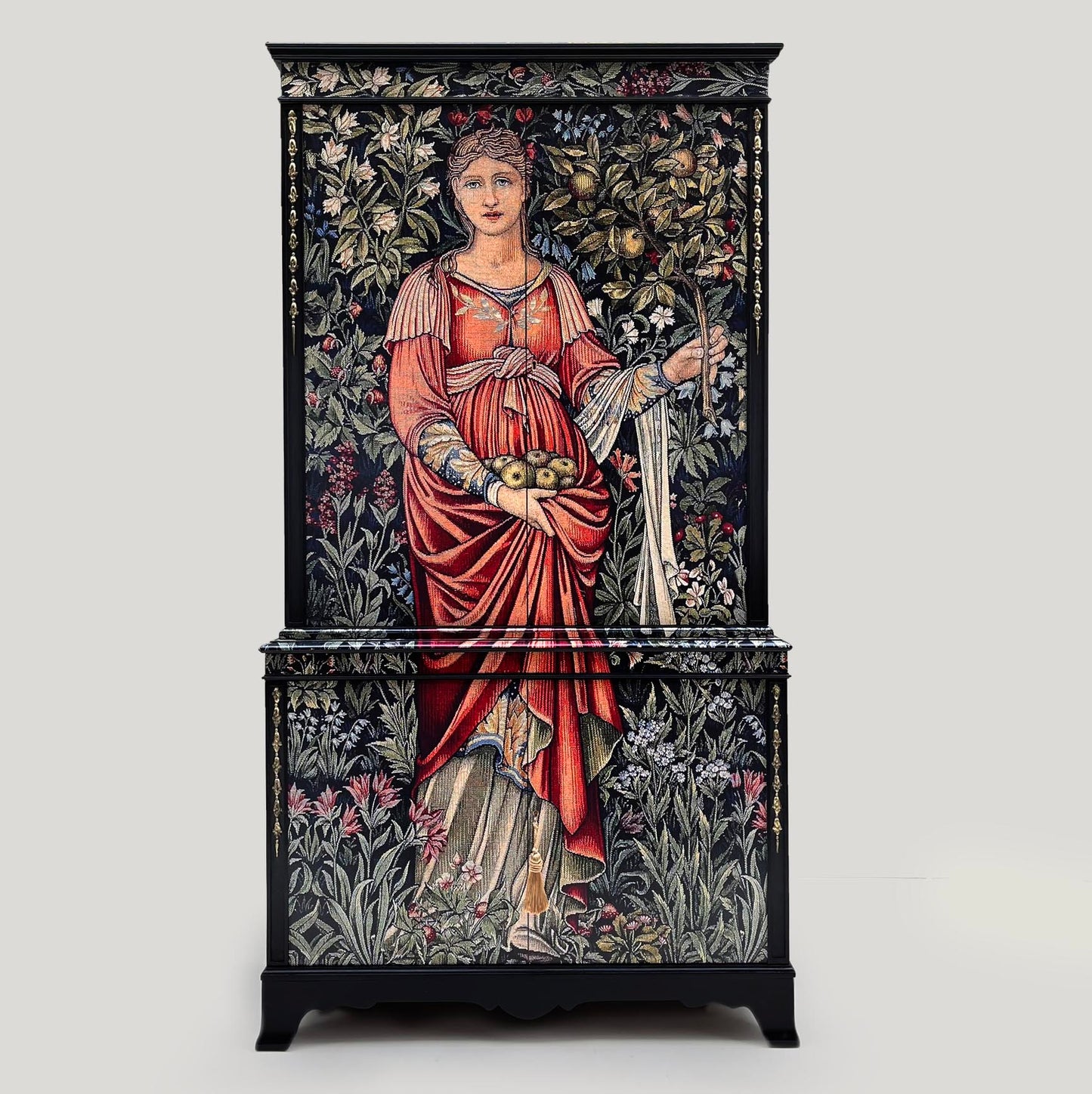 Antique style drinks cabinet with Pomona tapestry design