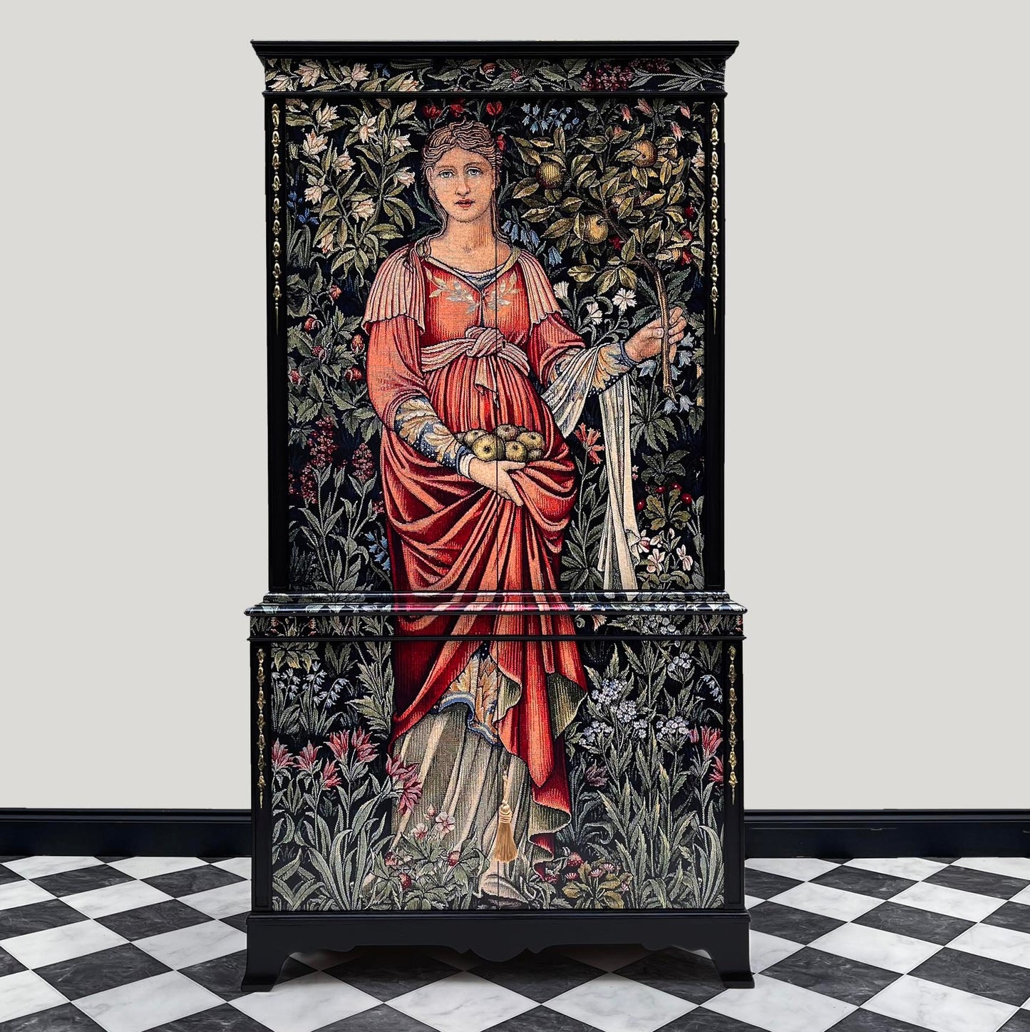 Antique style drinks cabinet with Pomona tapestry design