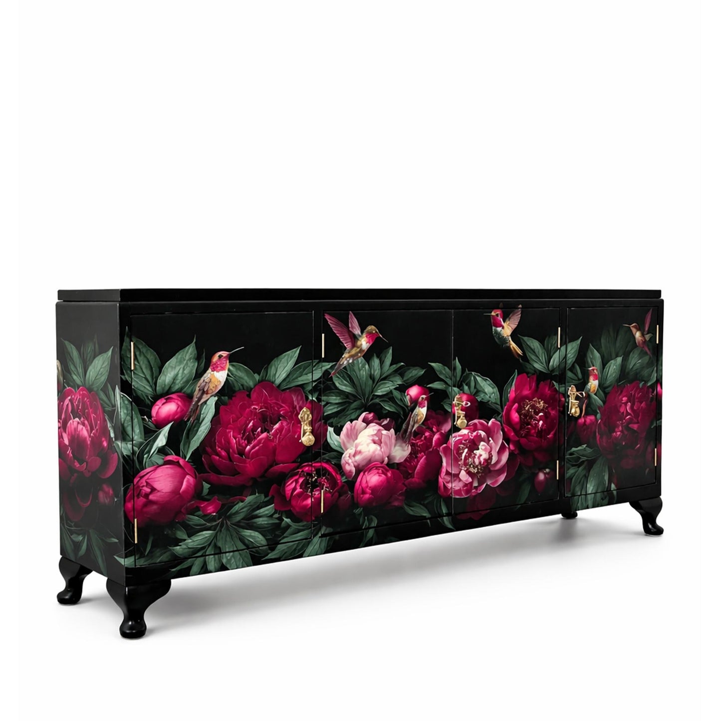 Slim black vintage sideboard with hand-painted burgundy peonies and hummingbirds on Queen Anne legs