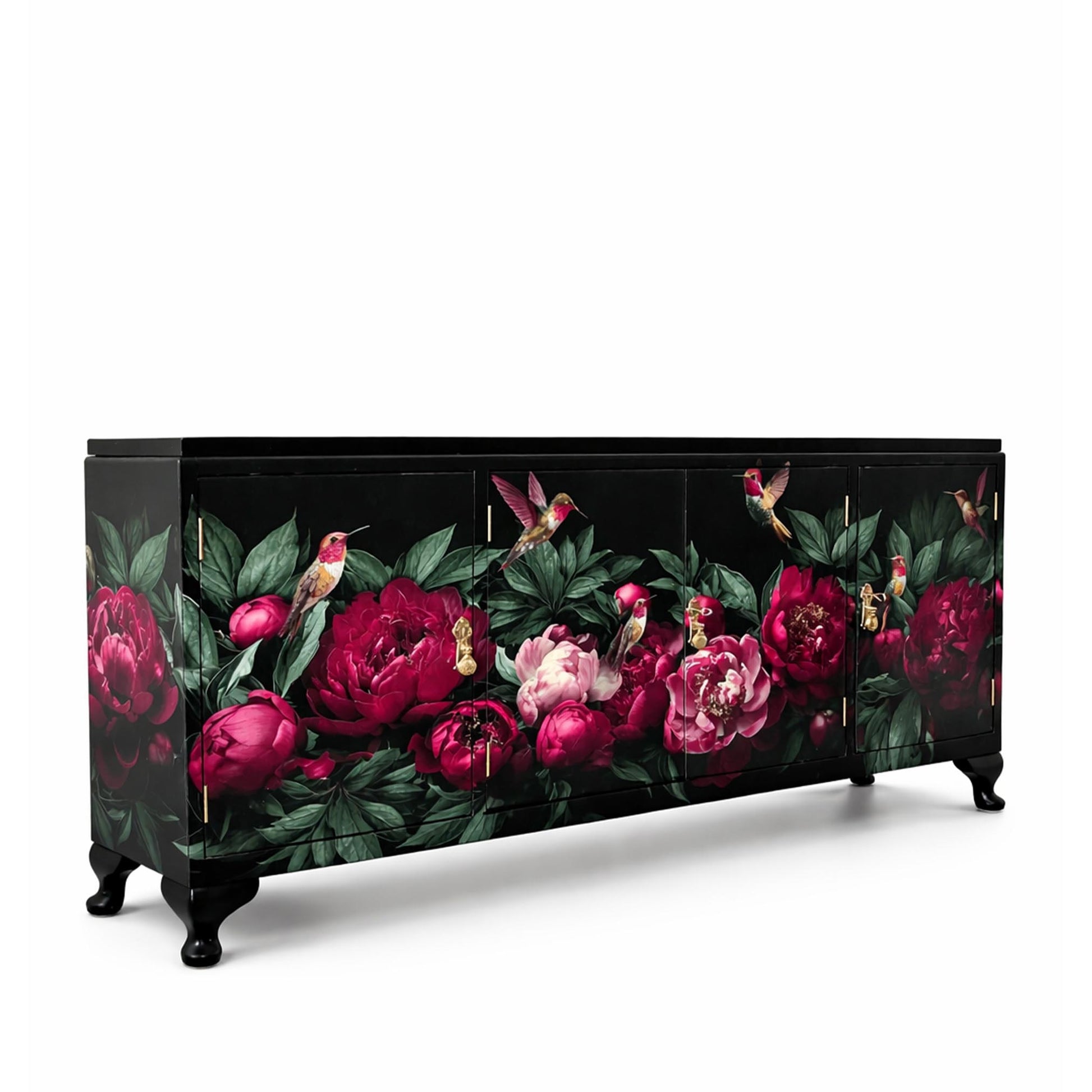 Slim black vintage sideboard with hand-painted burgundy peonies and hummingbirds on Queen Anne legs