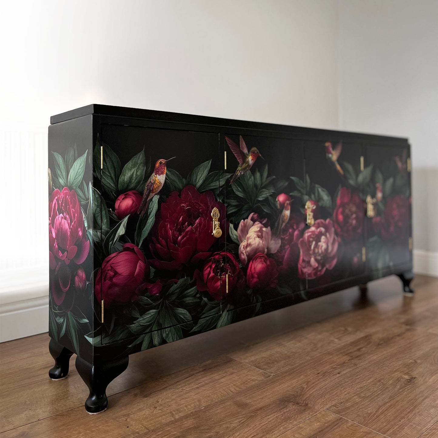 Bespoke Vintage Slim Sideboard with Burgundy Peonies & Hummingbirds