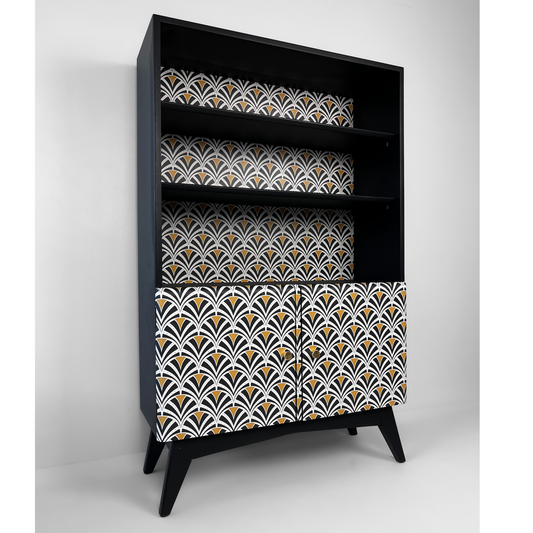 Vintage cabinet with shelves decorated Art Deco pattern