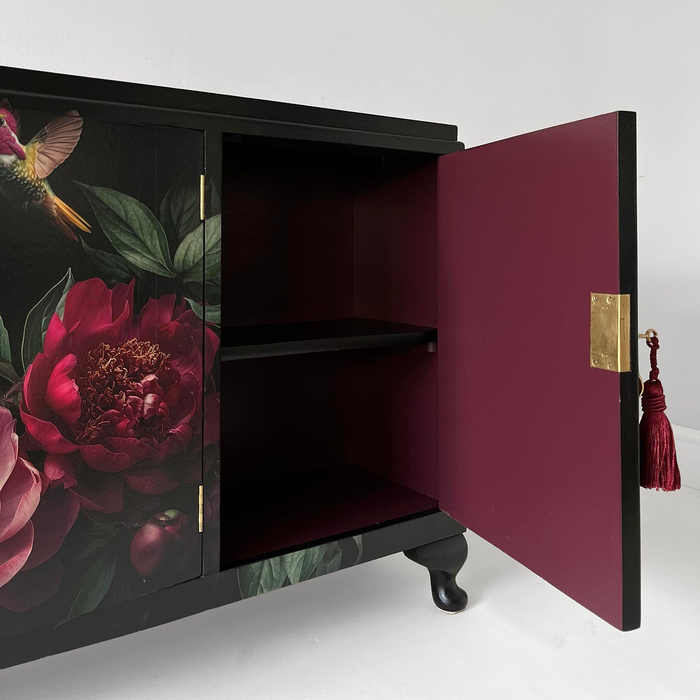 Bespoke Vintage Slim Sideboard with Burgundy Peonies & Hummingbirds