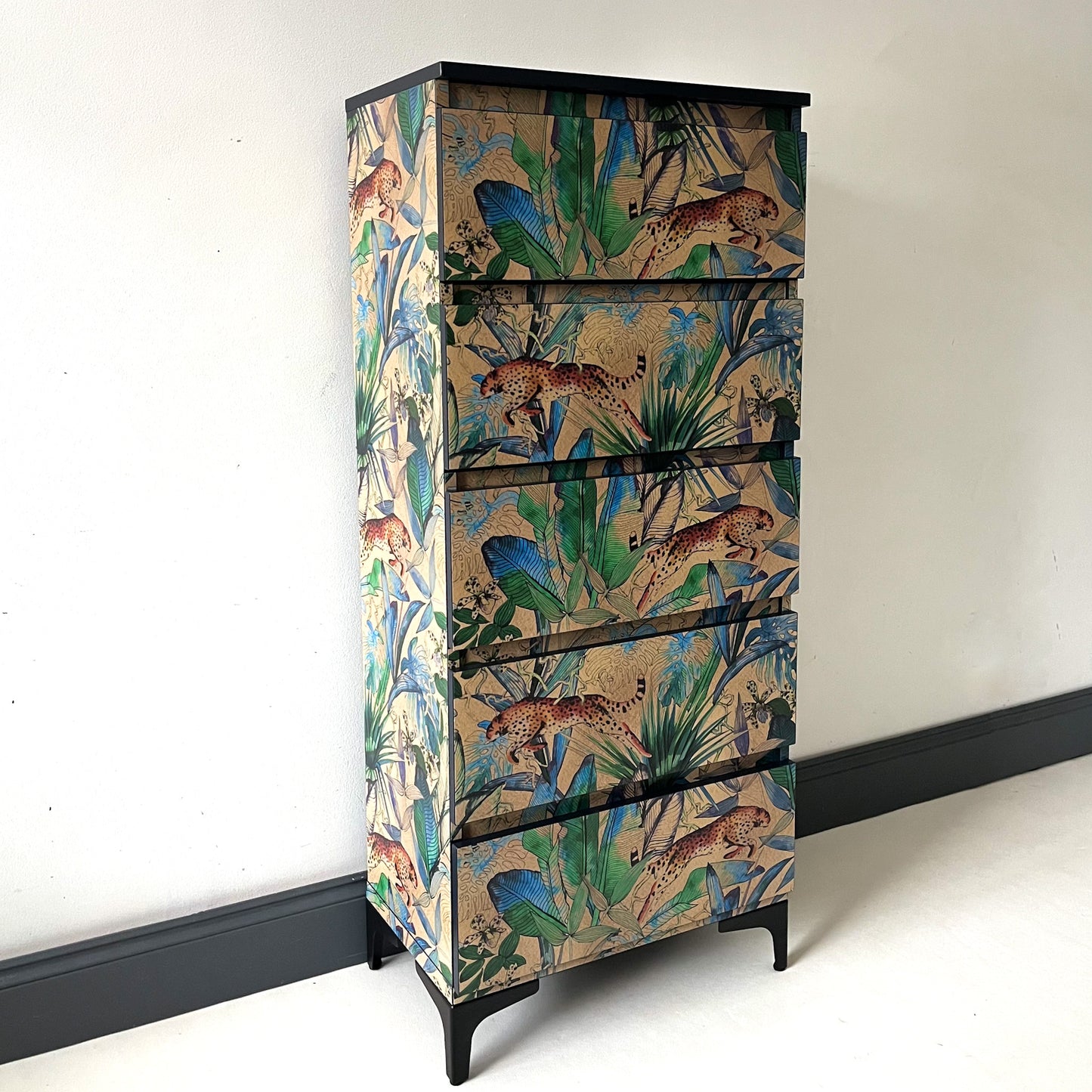 Small upcycled chest of drawers with exotic Jungle design