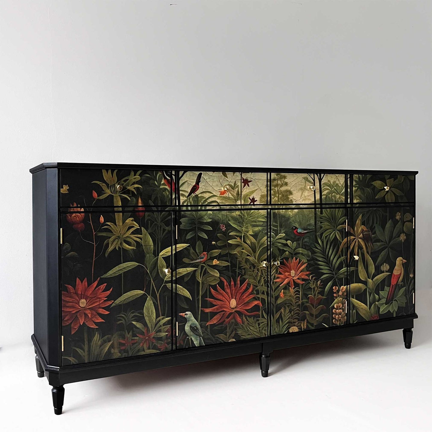 Antique black painted sideboard with opulent Jungle design