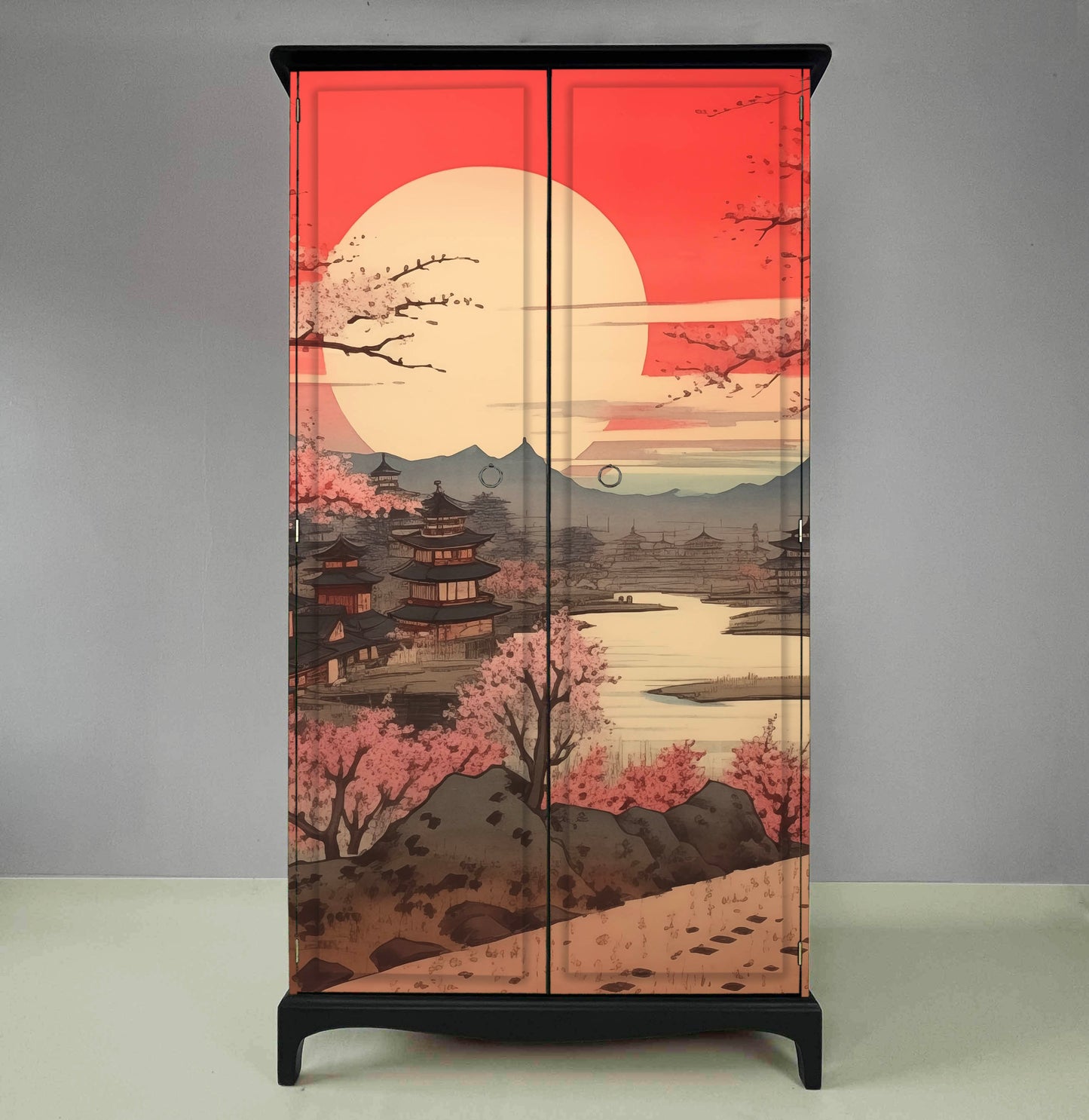 Upcycled vintage wardrobe with opulent Japanese art