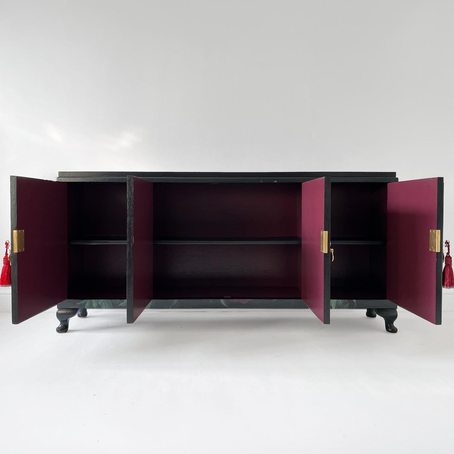 Bespoke Vintage Slim Sideboard with Burgundy Peonies & Hummingbirds