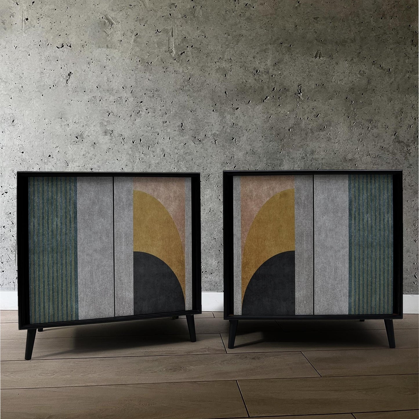 Bespoke G-Plan cabinets with geometric pattern