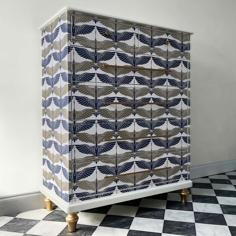 White upcycled chest of drawers with Oriental crane pattern
