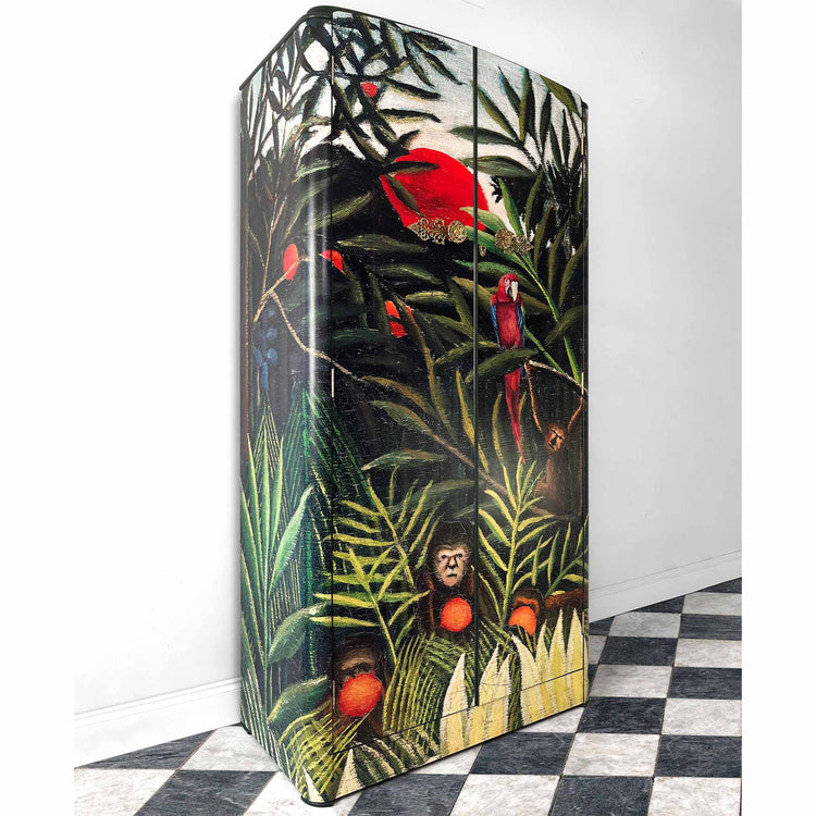 Refinished Art Deco wardrobe with Tropical jungle Design. Art: H. Ruoisseau