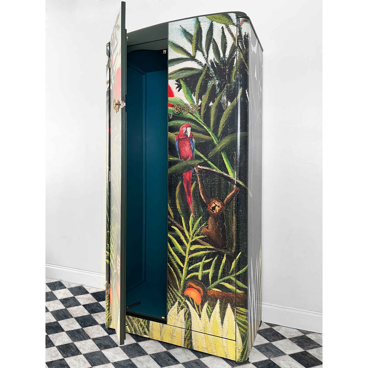 Refinished Art Deco wardrobe with Tropical jungle Design. Art: H. Ruoisseau
