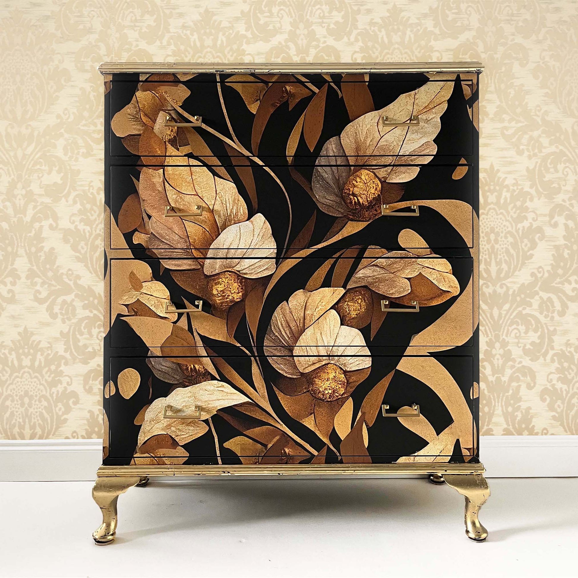 Antique upcycled chest of drawers decorated bespoke oriental pattern, legs and frame gold guilded, modern brass handles on all 4 four drawers  